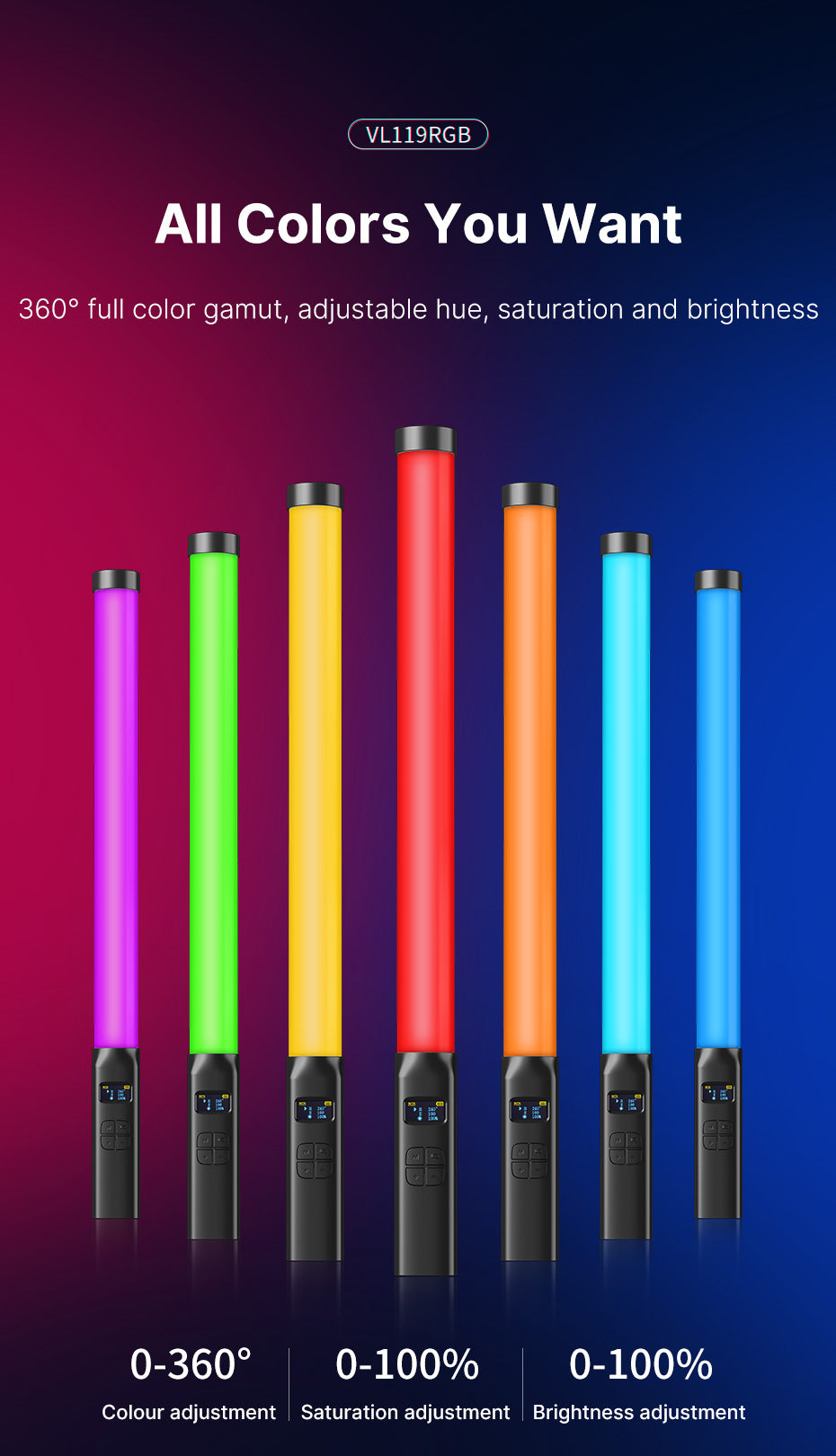 Ulanzi VL119 RGB Tube Light XL met handvat - Desktoplampen