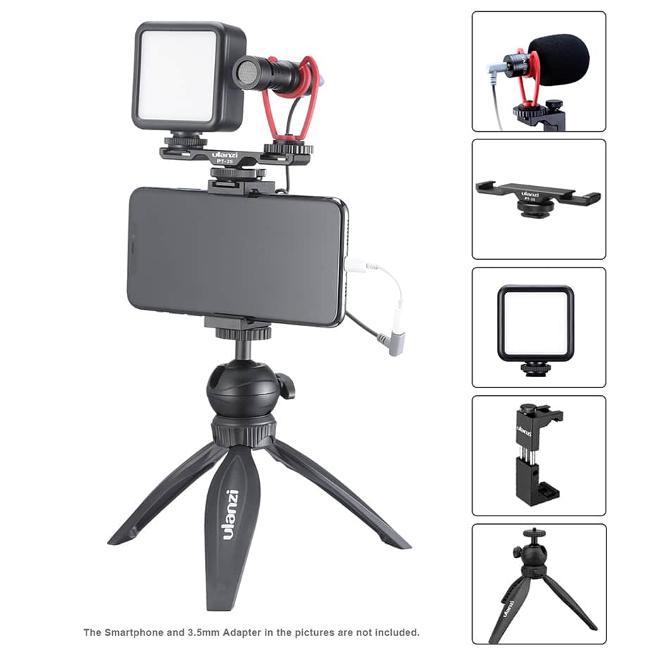 Ulanzi Smartphone vlog KIT EXTRA: mini-statief, telefoonhouder, dual cold shoe-mount, microfoon & LED-lamp - Ministatieven