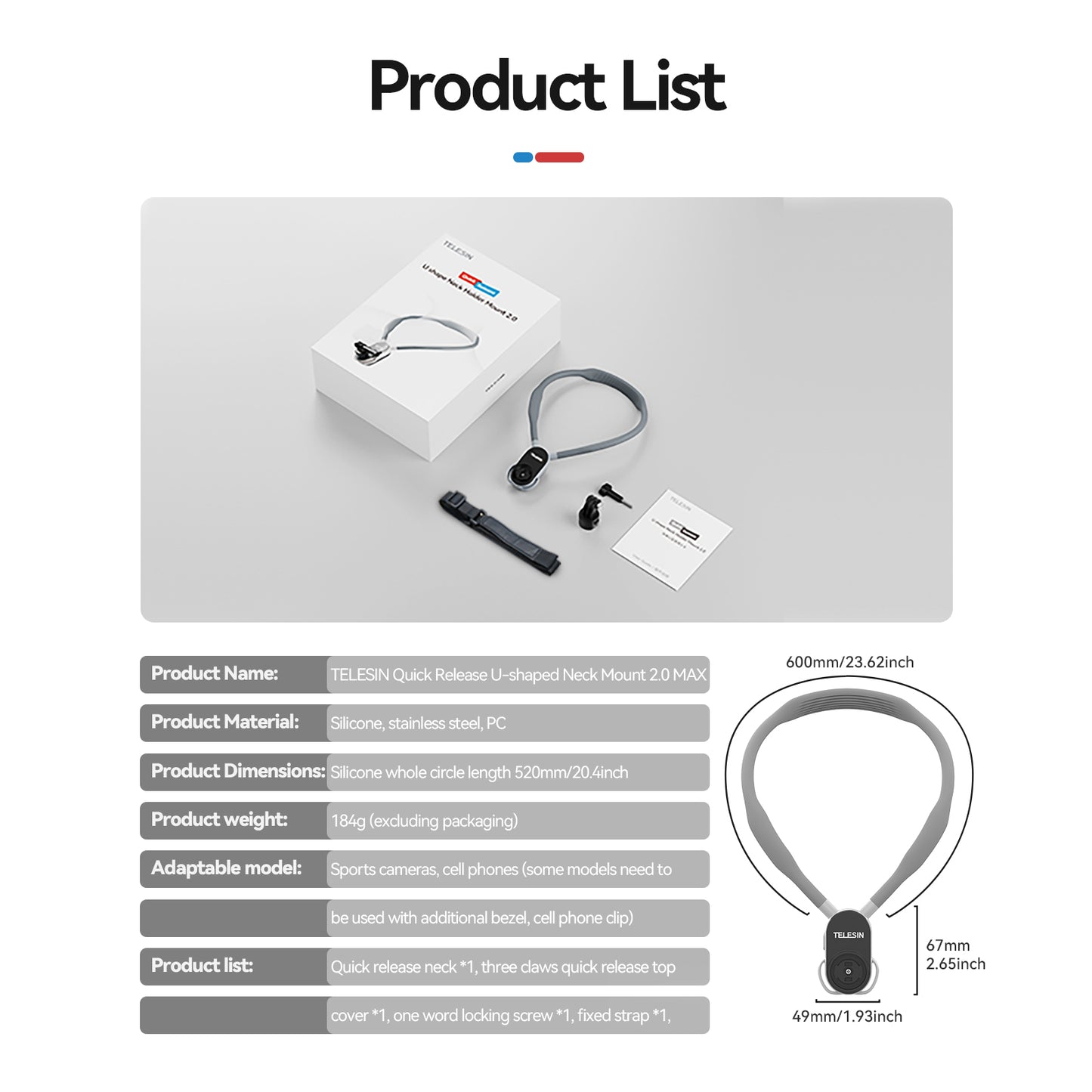 Telesin Neck Mount Quick Release for GoPro - Extra Large