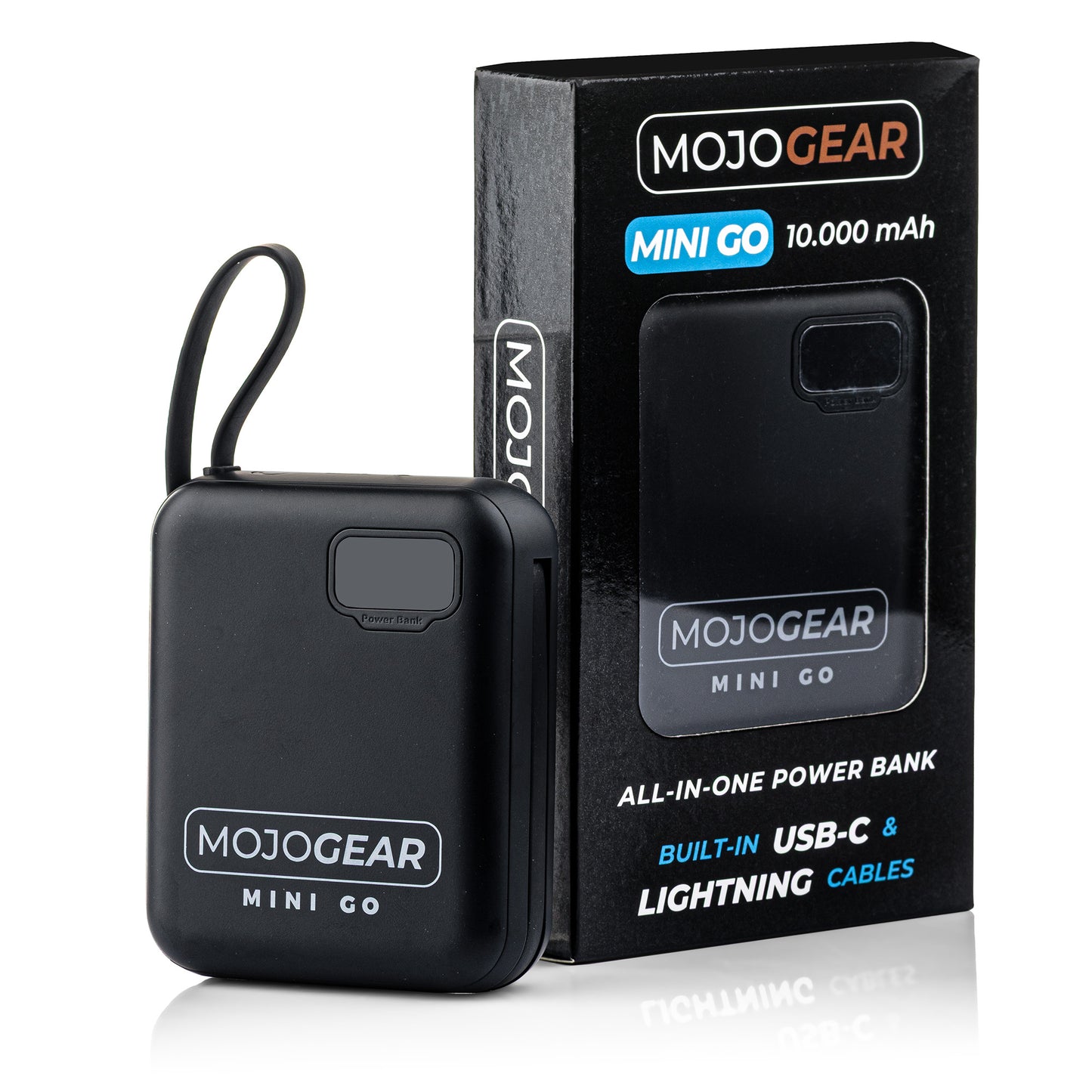 MOJOGEAR MINI GO 10,000 mAh power bank with built-in cables - Black