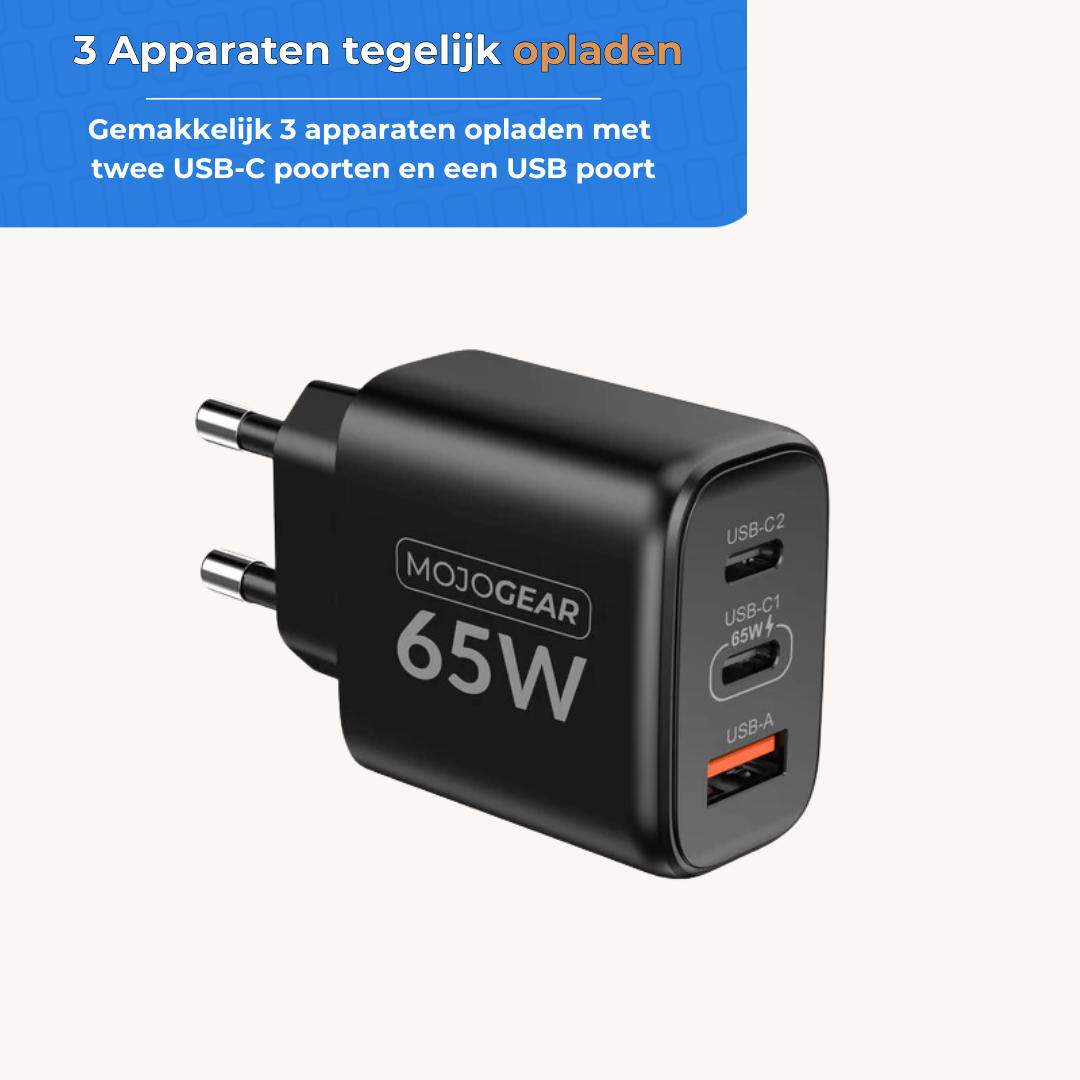 MOJOGEAR CHARGE+ 65W oplader met 3 poorten USB/USB-C - Opladers