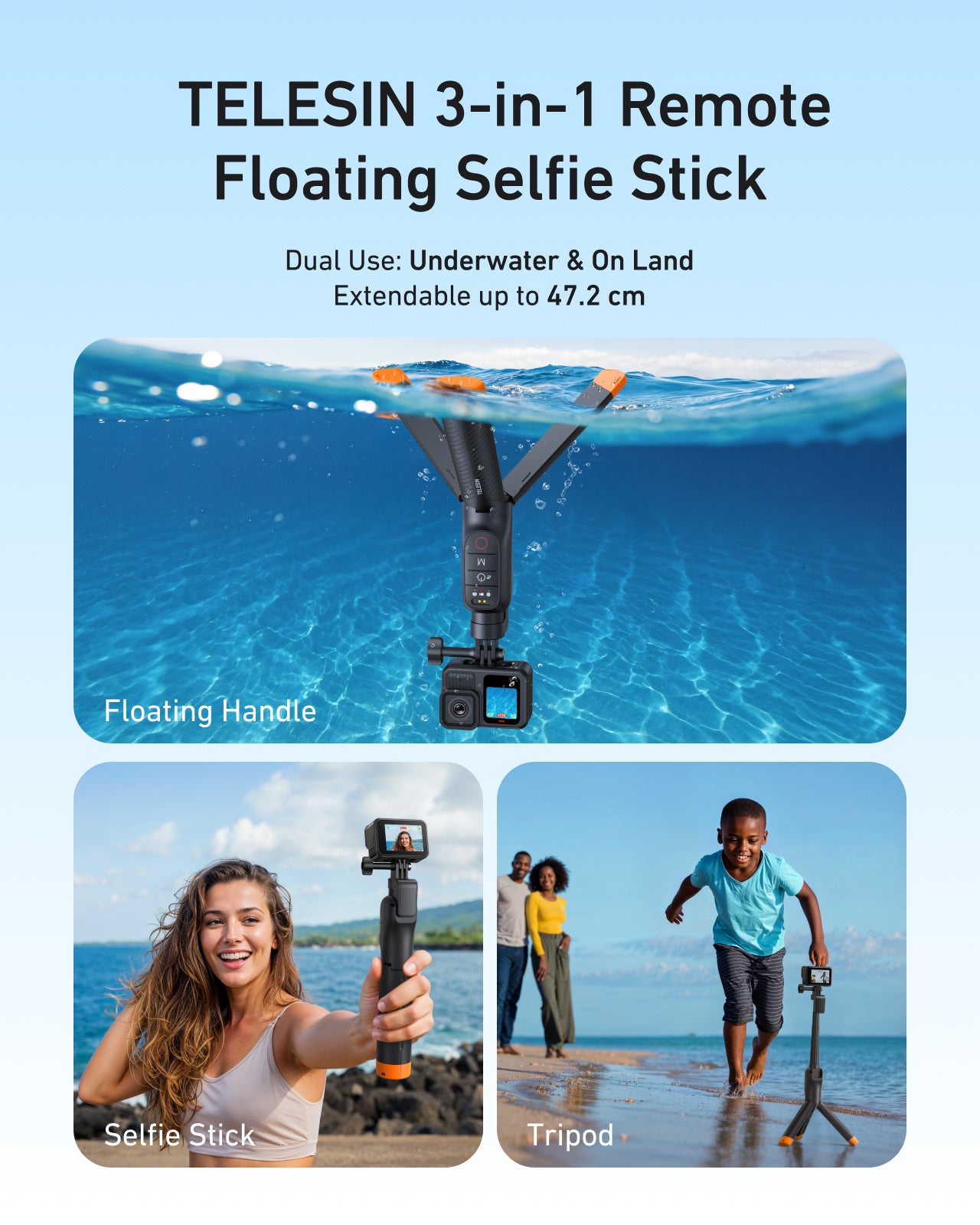 Telesin Onderwater Selfiestick Statief met remote voor GoPro -