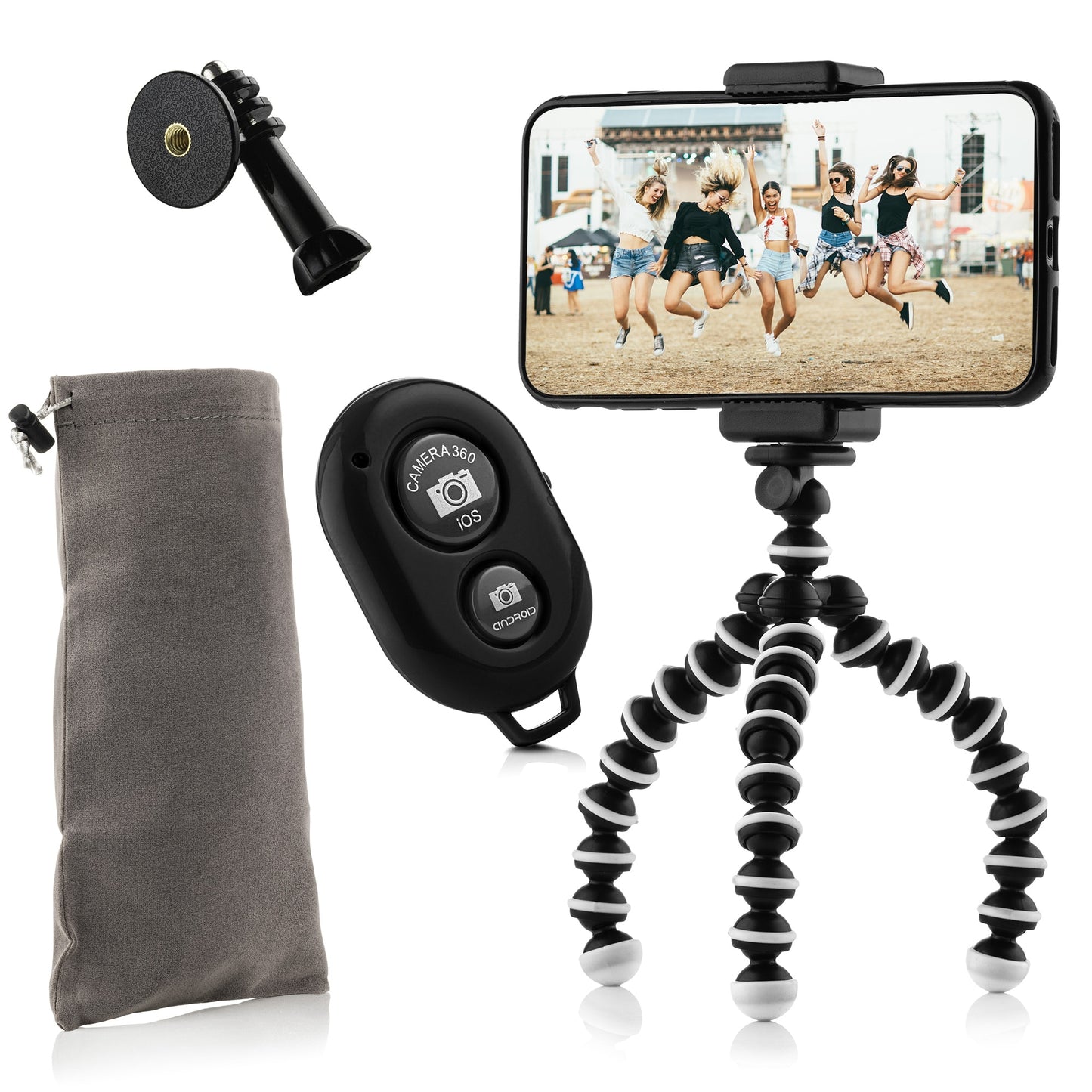 Flexibel mini-statief met extra flexibele poten KIT: incl. telefoonhouder, bluetooth remote, GoPro-adapter & opbergzakje - Flexibele statieven