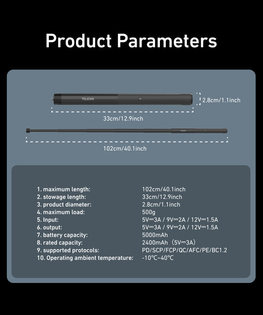 Telesin Power Selfie Stick met ingebouwde powerbank - 102cm - Selfiesticks