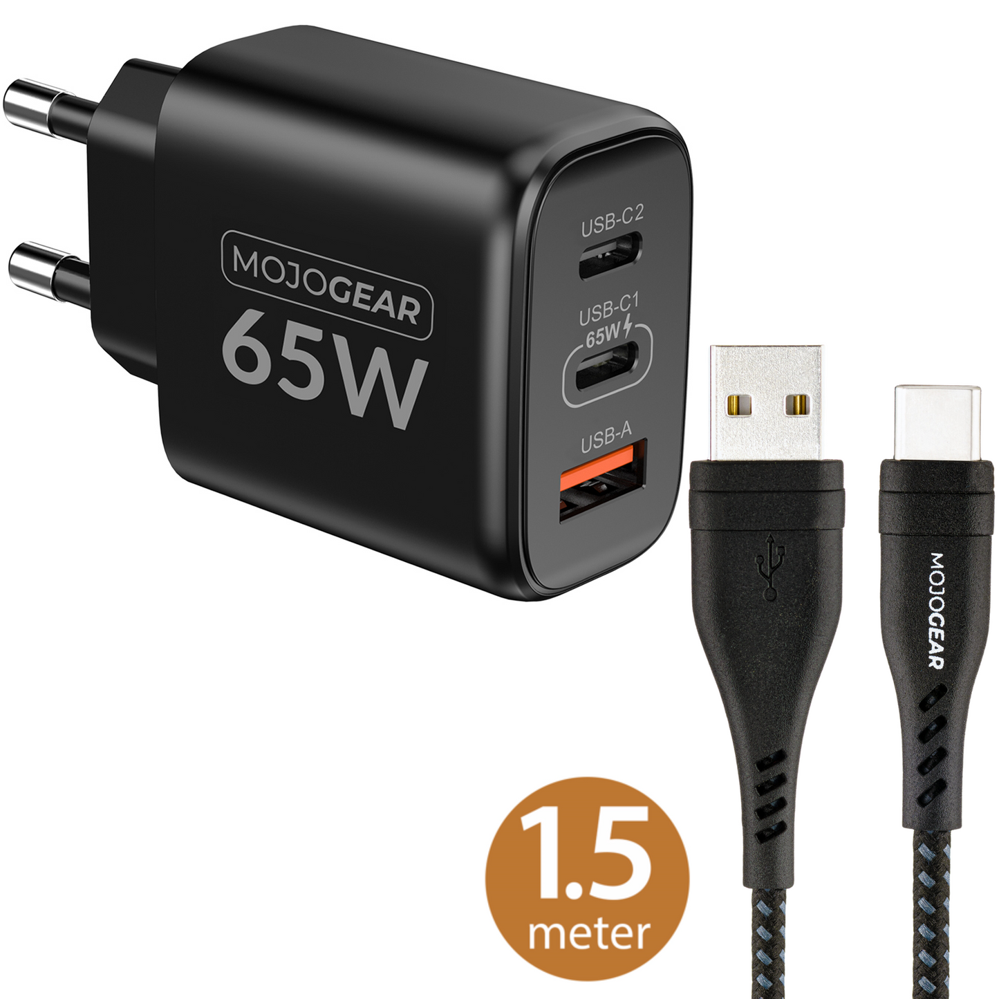 MOJOGEAR CHARGE+ 65W snellader met USB naar USB-C kabel 1,5 meter