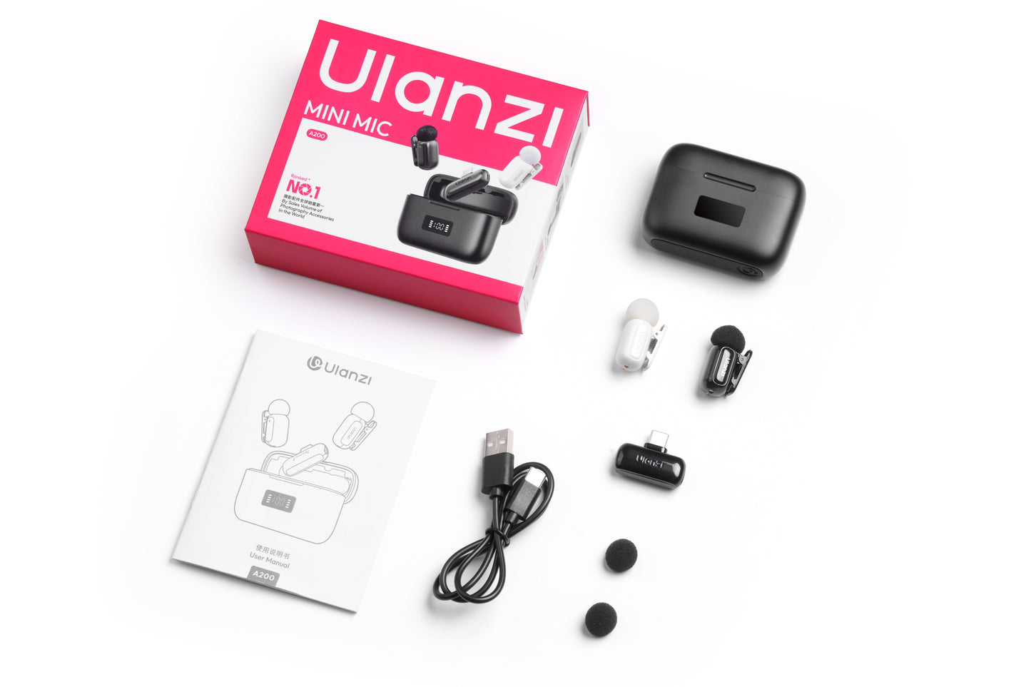 Ulanzi A200 Mini Mic draadloze microfoon USB-C - Zwart/Wit - Draadloze microfoons