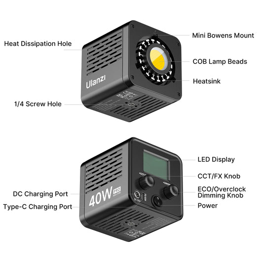 Ulanzi 40W PRO COB Lamp Bi-Color met accu & USB-C - tot 50W - Videoverlichting