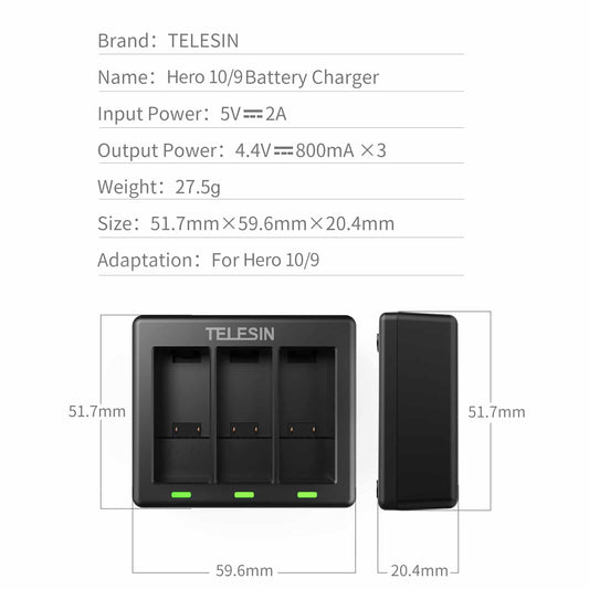 Telesin Triple Batterij Oplader voor GoPro 9, GoPro 10, GoPro 11 & GoPro 12 - GoPro Accu's en opladers