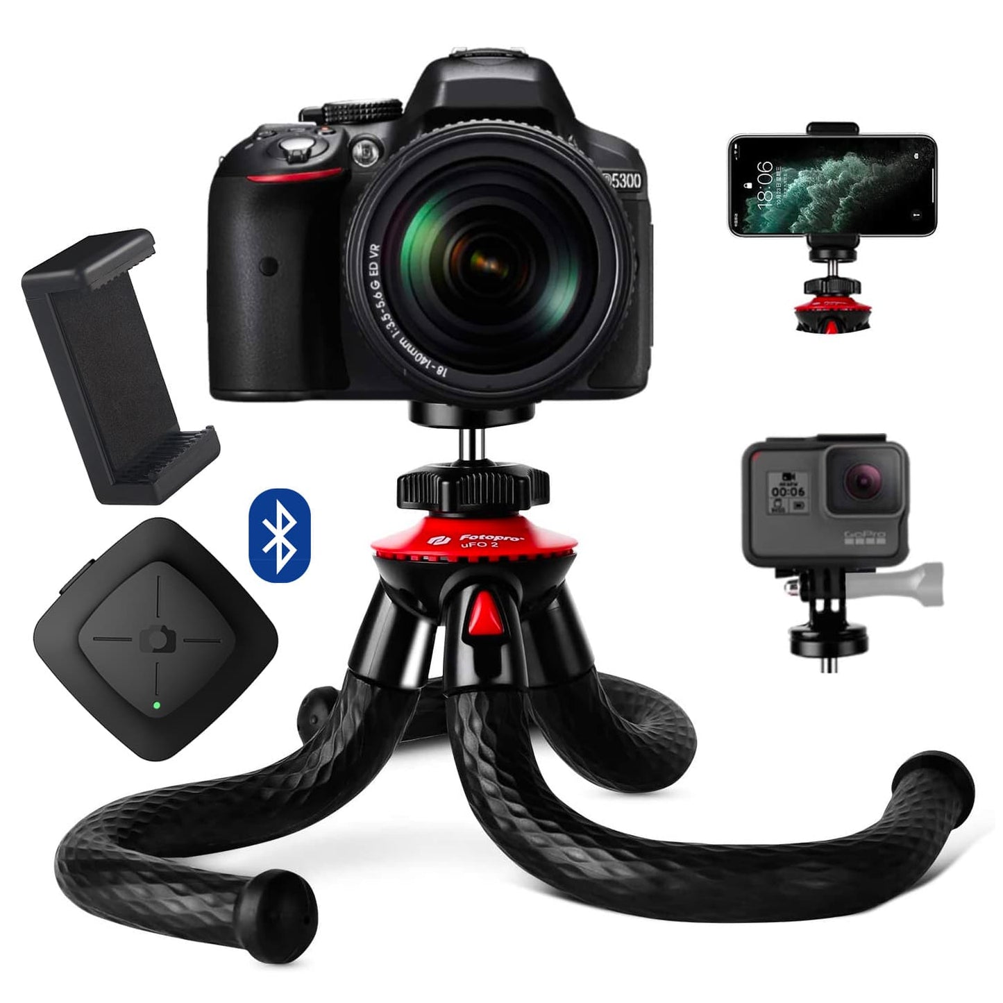 Fotopro Flexible Tripod XL with phone holder, GoPro mount adapter and bluetooth remote shutter UFO2