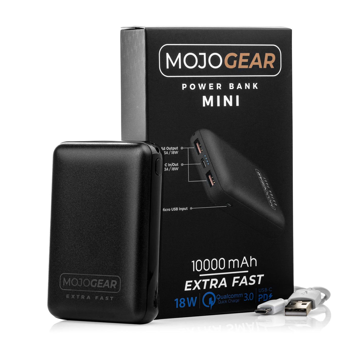 MOJOGEAR Fast Charging set for iPhone and iPad: 10.000mAh MINI Extra Fast power bank + Lightning to USB-C cable.