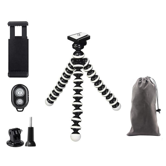 Flexibel mini-statief met extra flexibele poten KIT: incl. telefoonhouder, bluetooth remote, GoPro-adapter & opbergzakje - Flexibele statieven