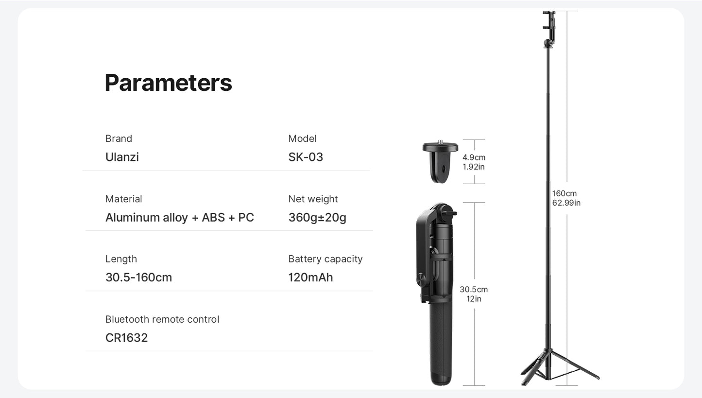 Ulanzi SK-03 Selfie Stick Statief 160 cm met klem en Bluetooth remote - Selfiesticks