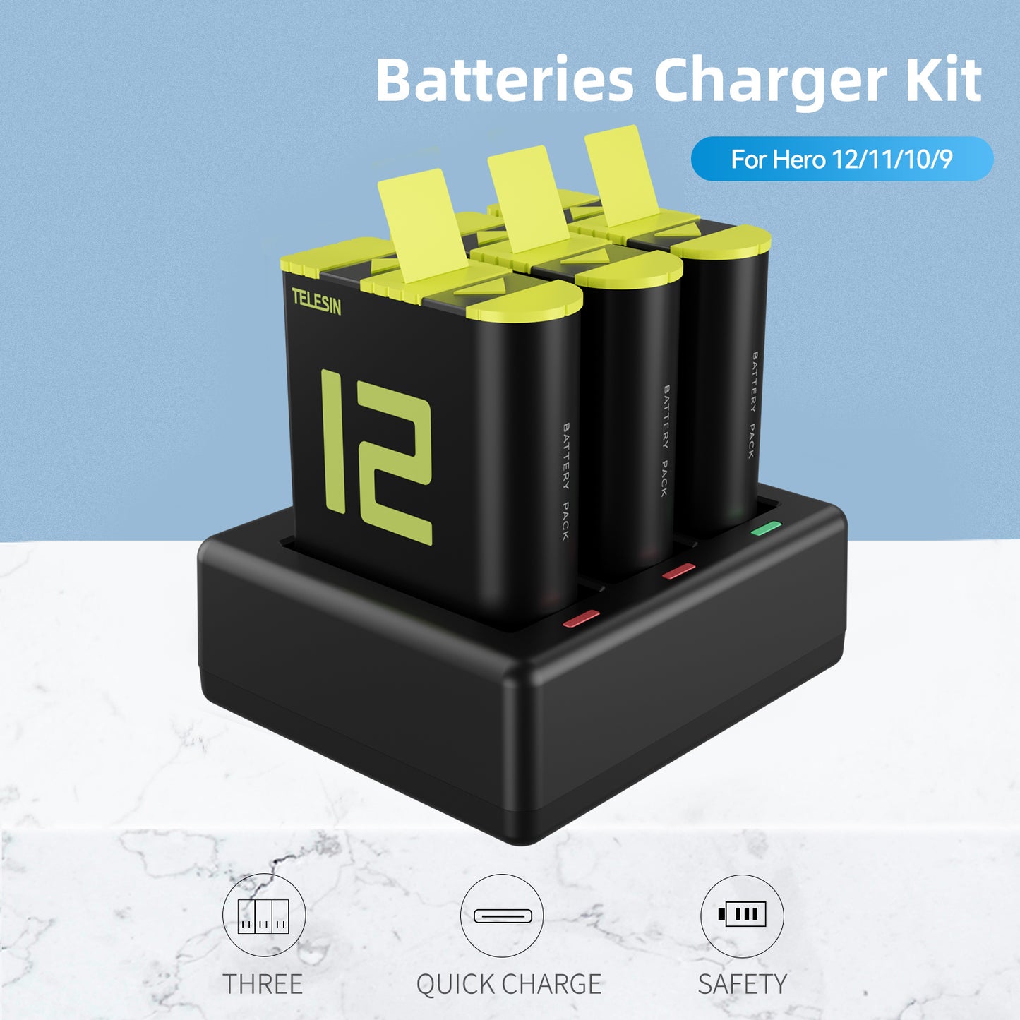 Telesin Triple Battery Charger with 2 batteries for GoPro 9 / 10 / 11 / 12