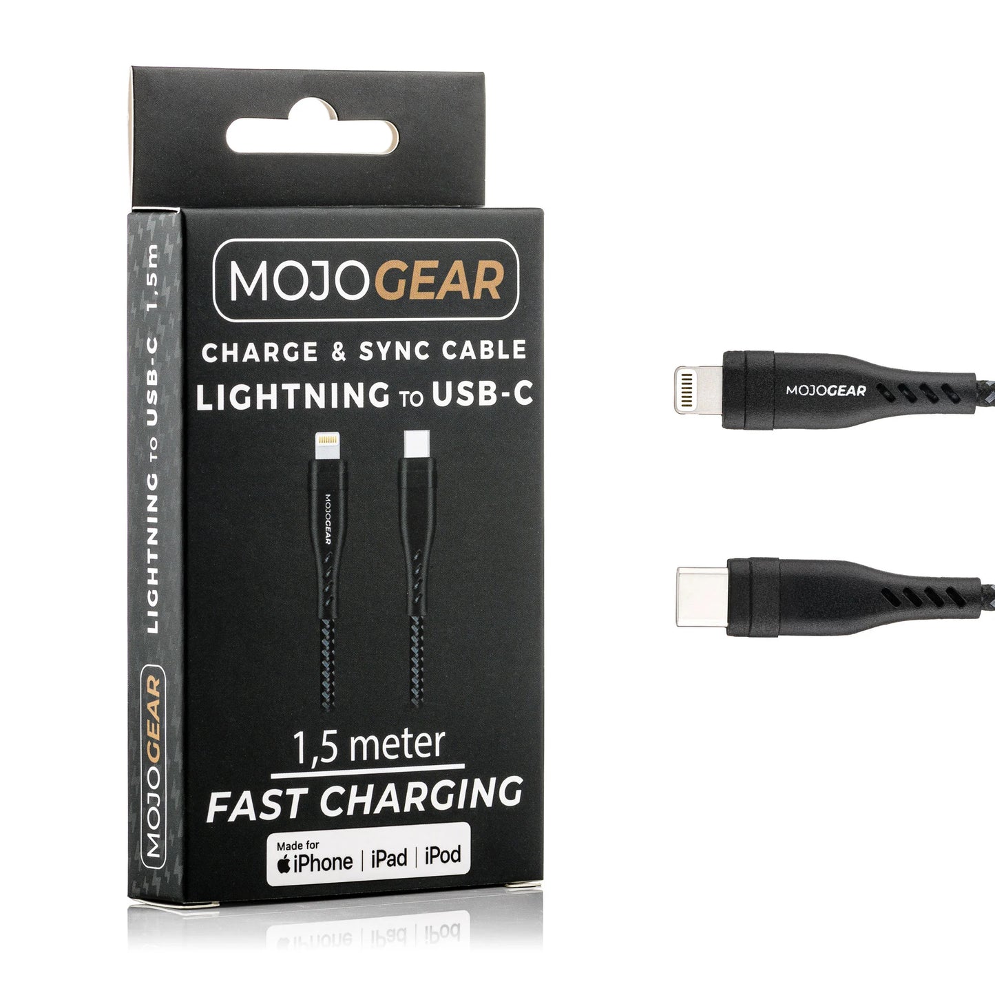 MOJOGEAR Fast Charging set for iPhone and iPad: 10.000mAh MINI Extra Fast power bank + Lightning to USB-C cable.