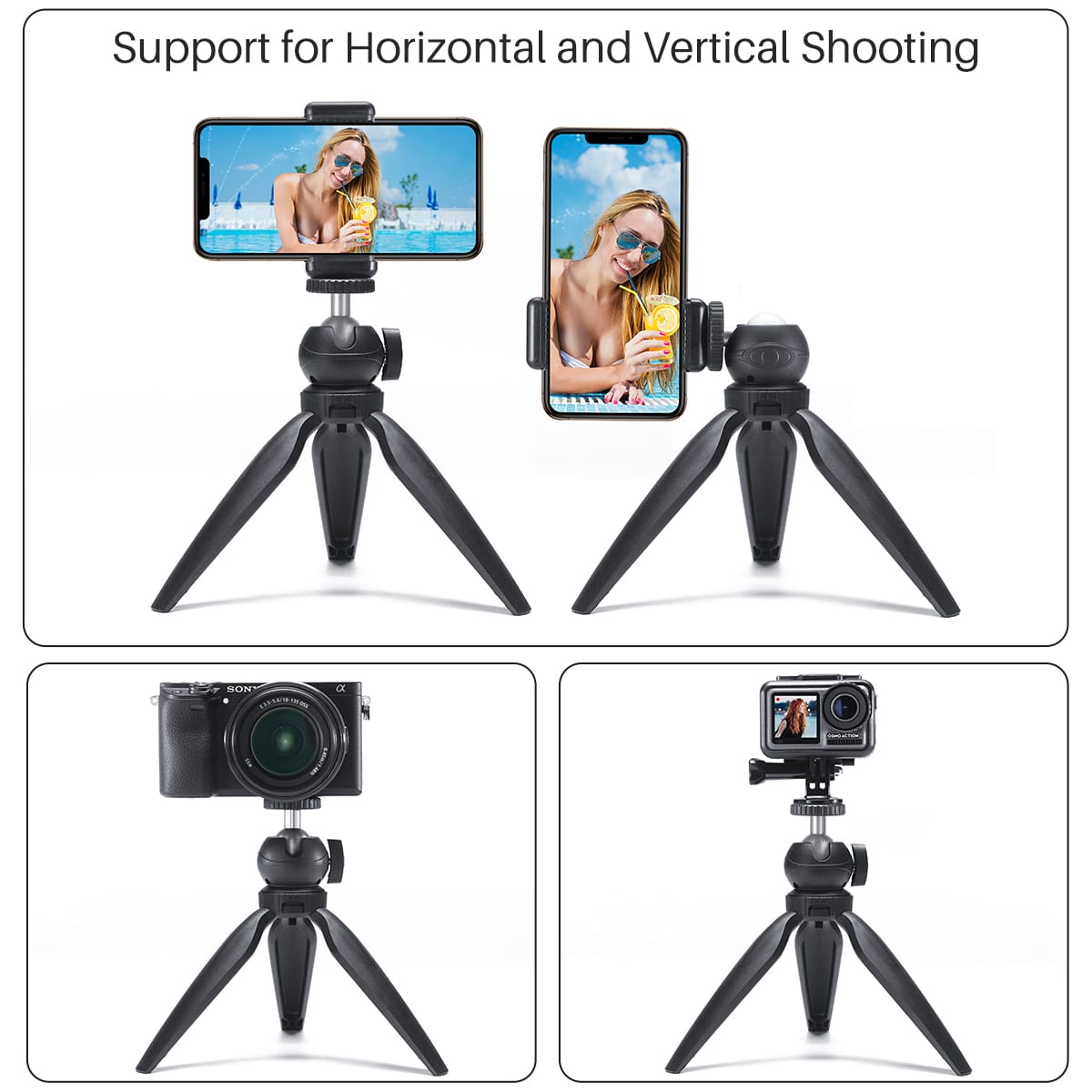 Home office set for tablet/iPad & smartphone: adjustable tabletop tripod + holder for smartphone & tablet