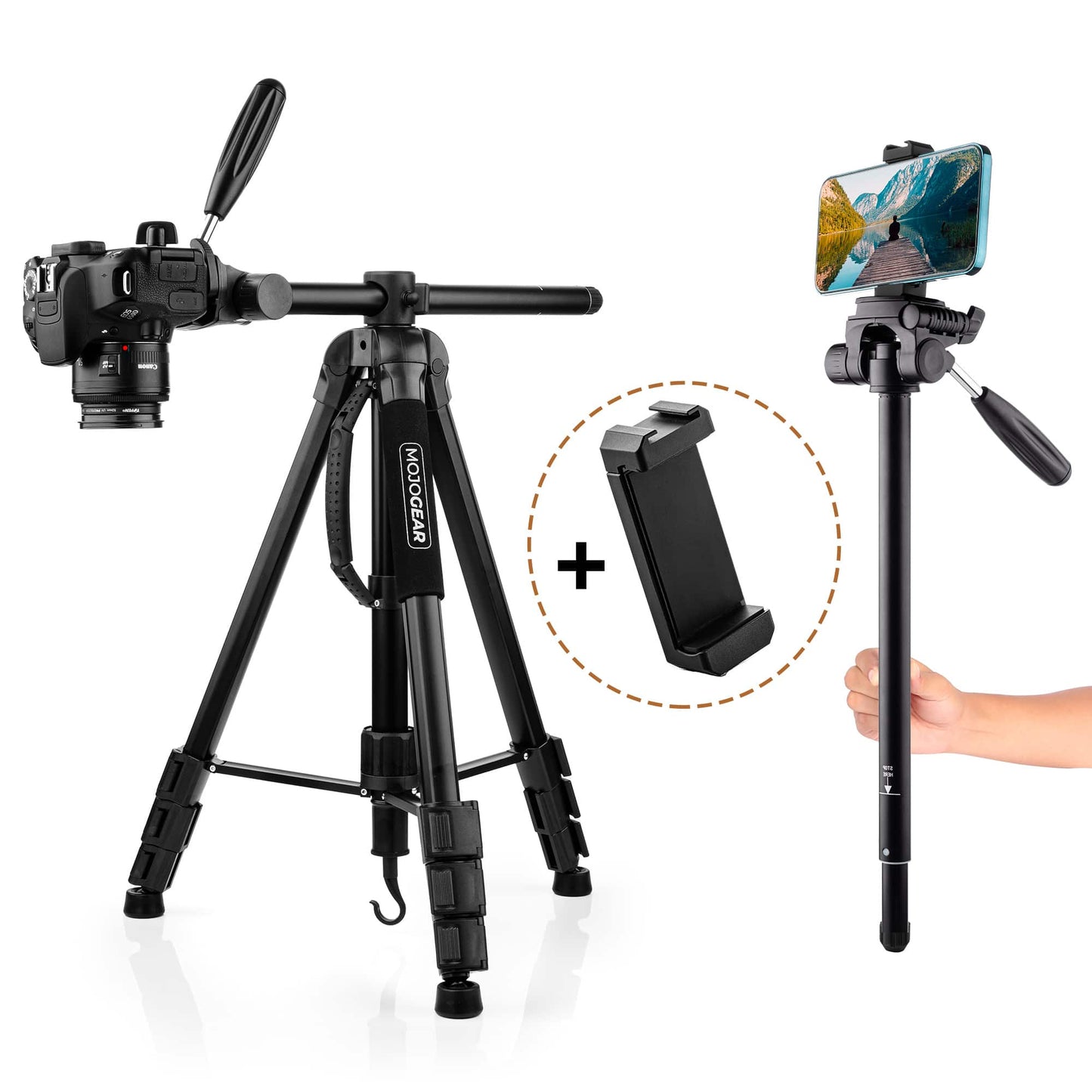 MOJOGEAR 179cm 3-in-1 statief: driepoot, monopod & horizontale arm - Grote statieven