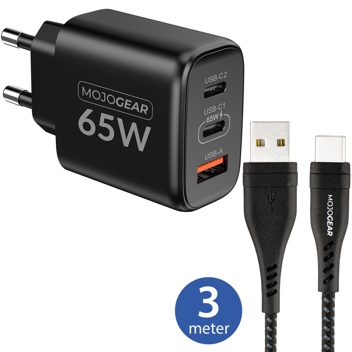 MOJOGEAR CHARGE+ 65W snellader met USB naar USB-C kabel 3 meter