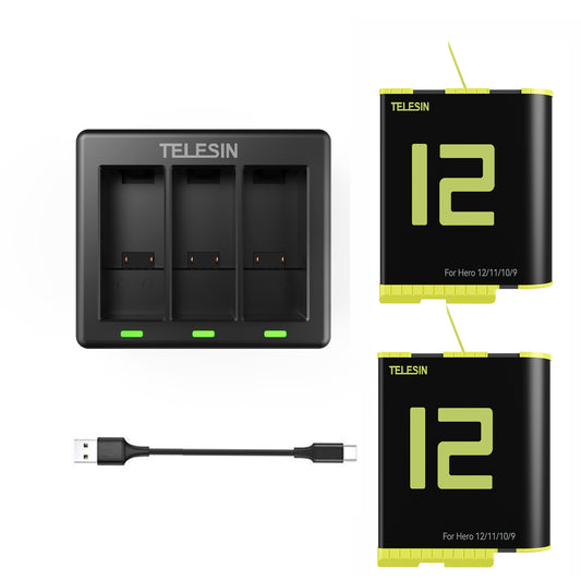 Telesin Triple Battery Charger with 2 batteries for GoPro 9 / 10 / 11 / 12