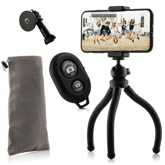 Flexible tripod with extra sturdy legs SET: includes phone holder, bluetooth remote shutter, GoPro mount adapter storage bag