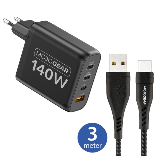 MOJOGEAR CHARGE+ 140 Watt oplader met USB naar USB-C kabel 3 meter | Geschikt voor Samsung/iPhone 15/16 - Opladers