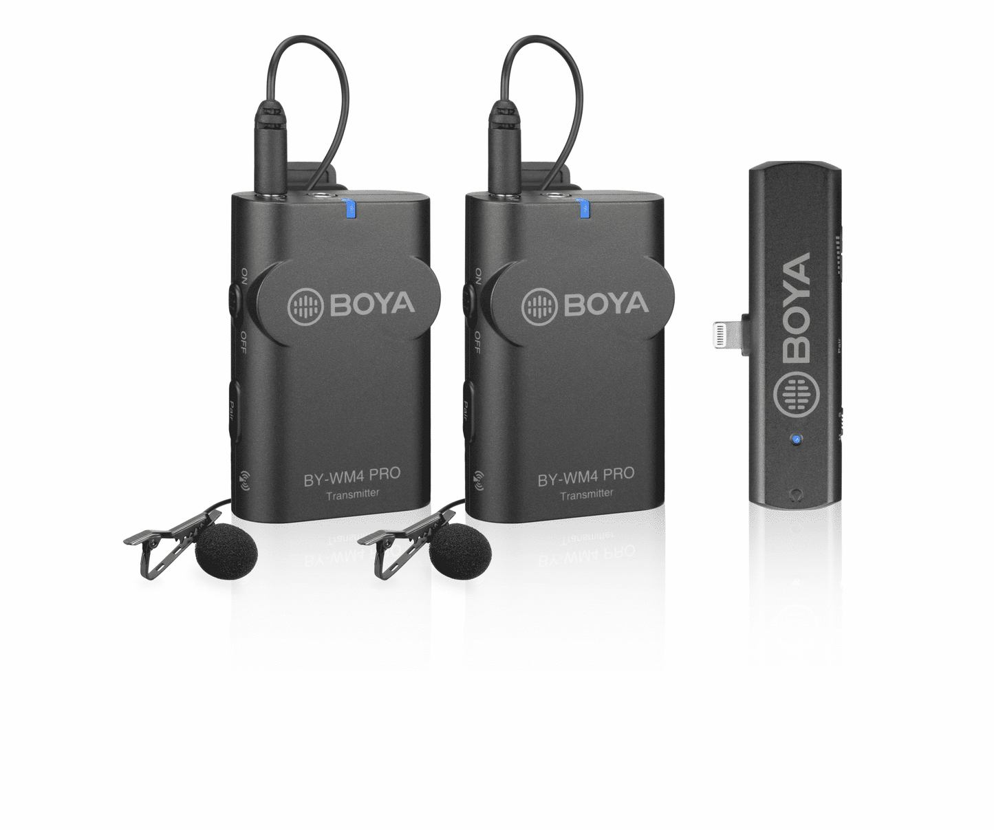 BOYA BY-WM4 Pro K4 draadloze microfoon-set met 2 zenders en Lightning-ontvanger voor iPhone