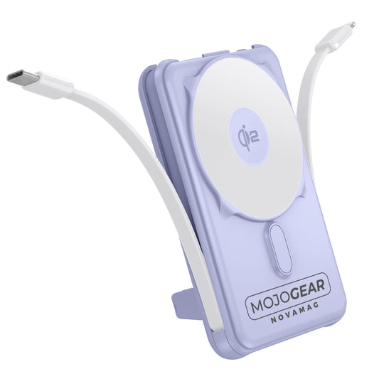 MOJOGEAR NovaMag All-in-1 Powerbank 10,000 mAh – Wireless Qi2 & Built-in Cables – Purple