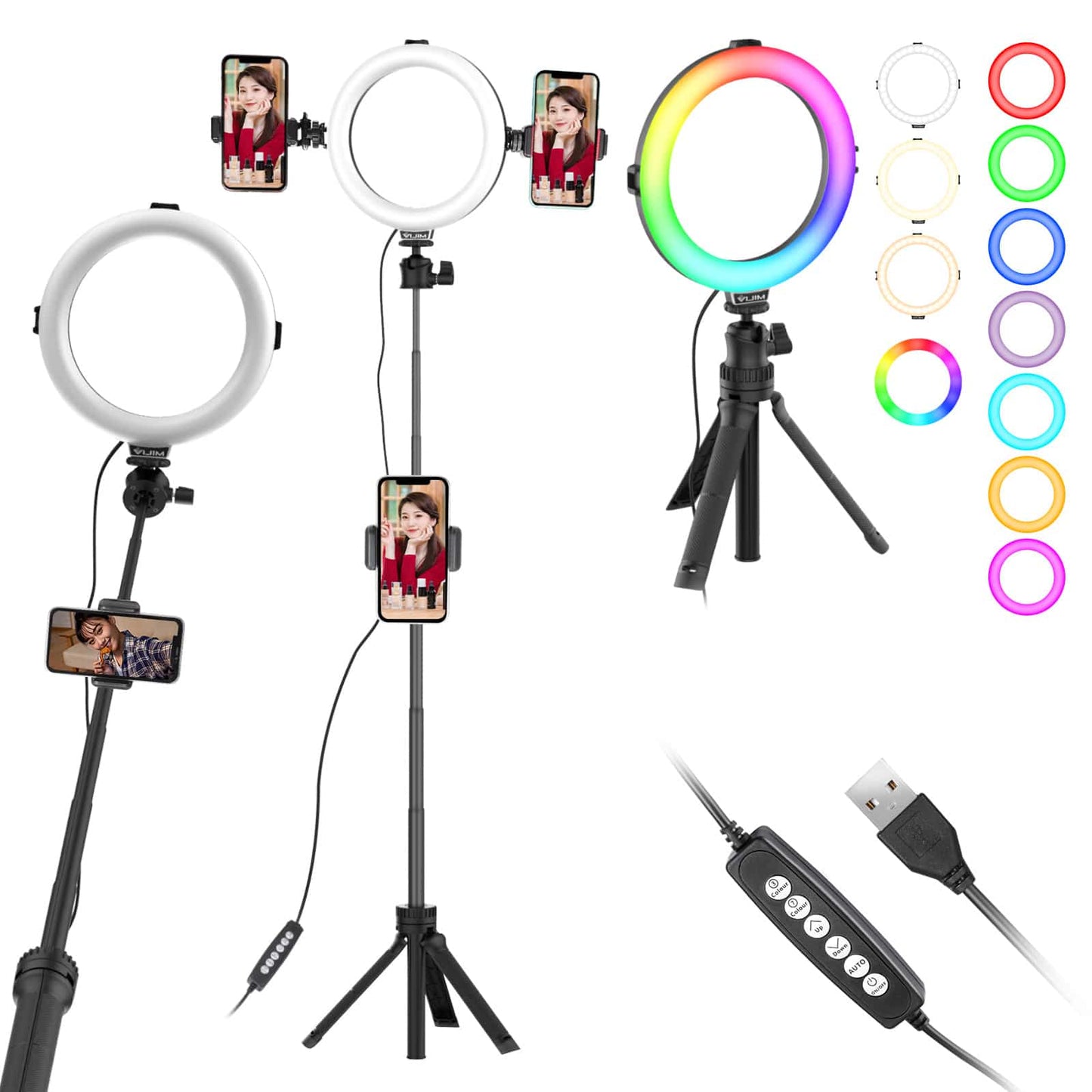 VIJIM K9 RGB Ringlamp met selfie stick-statief en telefoonhouder - 10 kleuren - Ringlampen