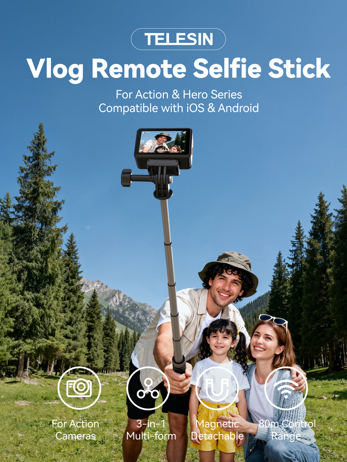Telesin Vlog Selfie Stick for GoPro, DJI and Smartphone - With Bluetooth remote