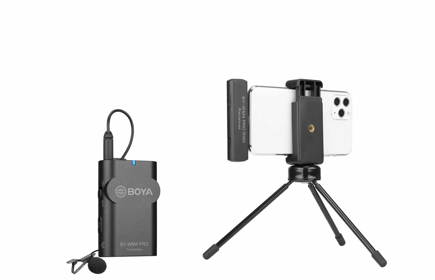 BOYA BY-WM4 Pro-K3 wireless microphone set with transmitter and Apple Lightning receiver for iPhone