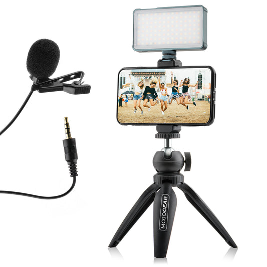 MOJOGEAR Video KIT: Mini tripod + phone holder + microphone + light