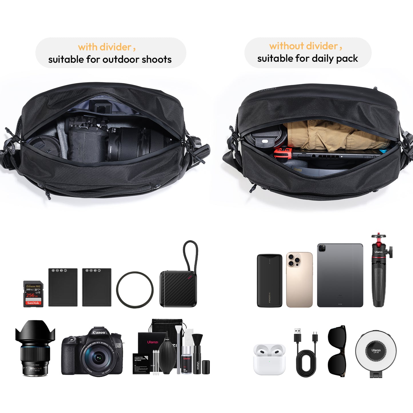 Ulanzi PB038 Sling Reistas V2 met divider - 10 liter - Cameratassen