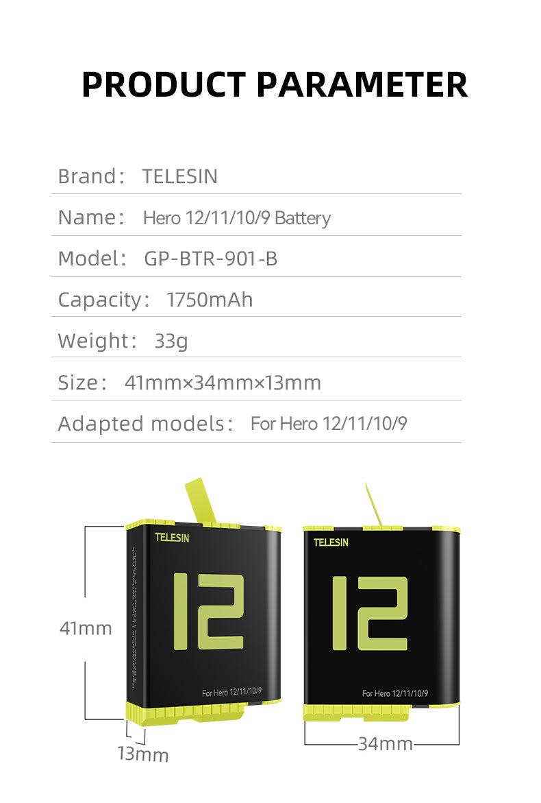 Telesin Battery for GoPro 9 / 10 / 11 / 12 - 1750 mAh