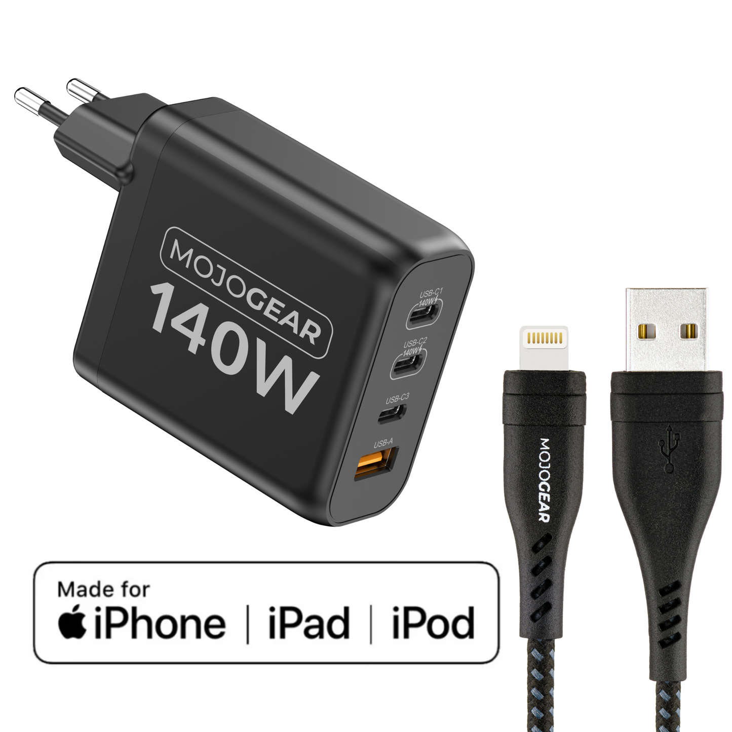 MOJOGEAR CHARGE+ 140 Watt oplader met USB naar Lightning kabel 1,5 meter