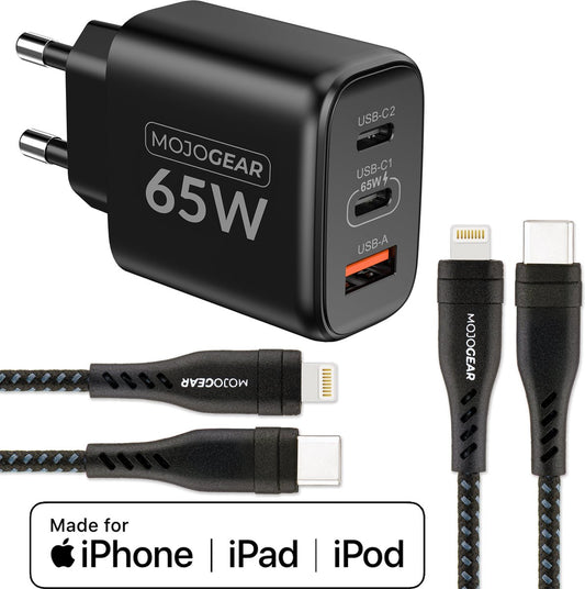 MOJOGEAR CHARGE+ 65W snellader voor iPhone & iPad met 2x Lightning naar USB-C kabel 1,5 meter -