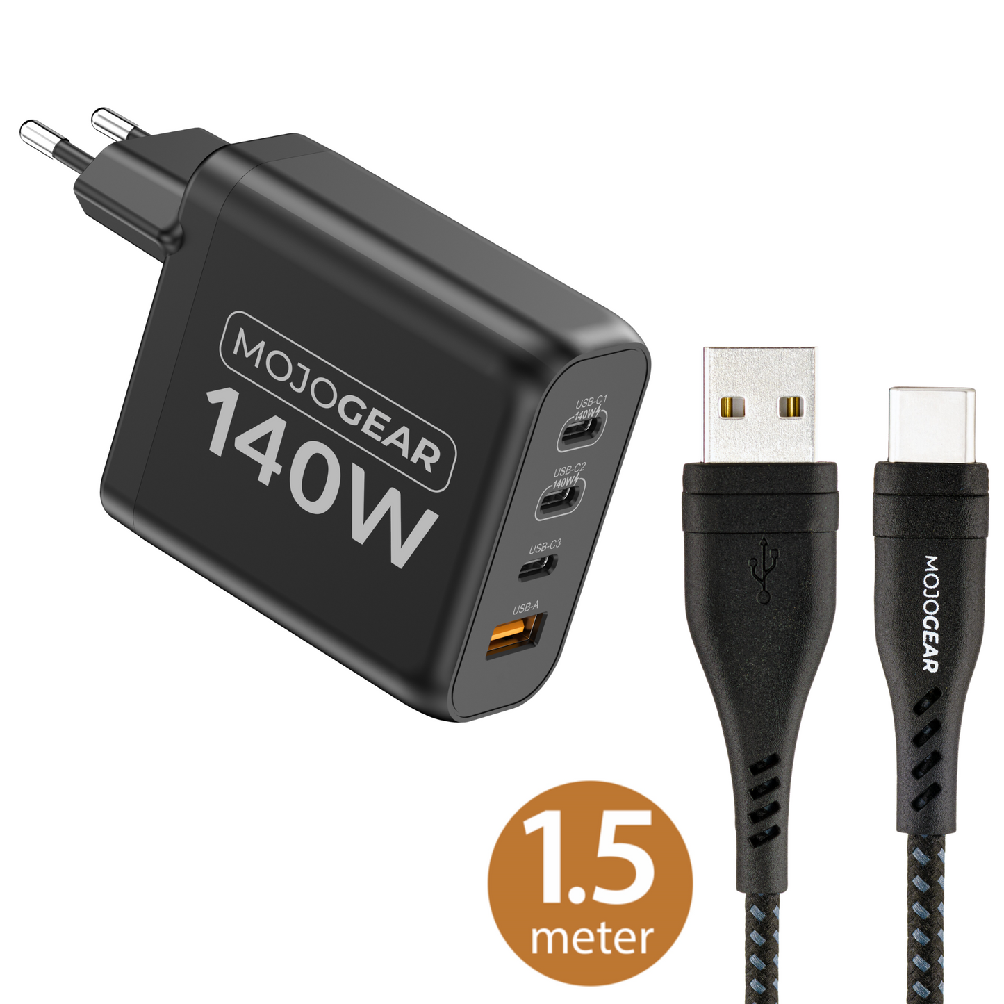 MOJOGEAR CHARGE+ 140 Watt oplader met USB naar USB-C kabel 1,5 meter | Geschikt voor Samsung/iPhone 15/16