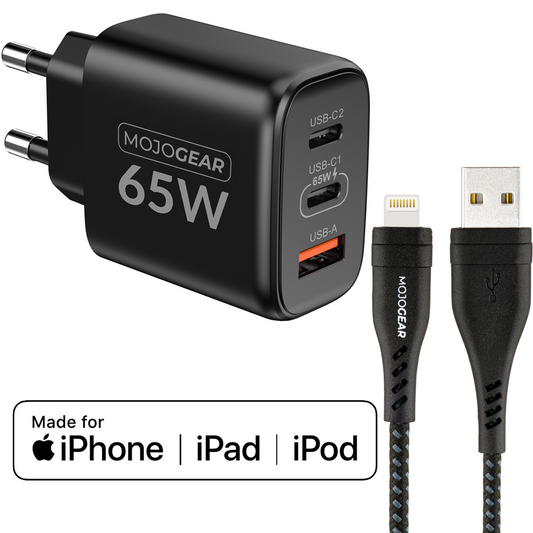 MOJOGEAR CHARGE+ 65W charger for iPhone and iPad with Lightning to USB cable 1.5 meters