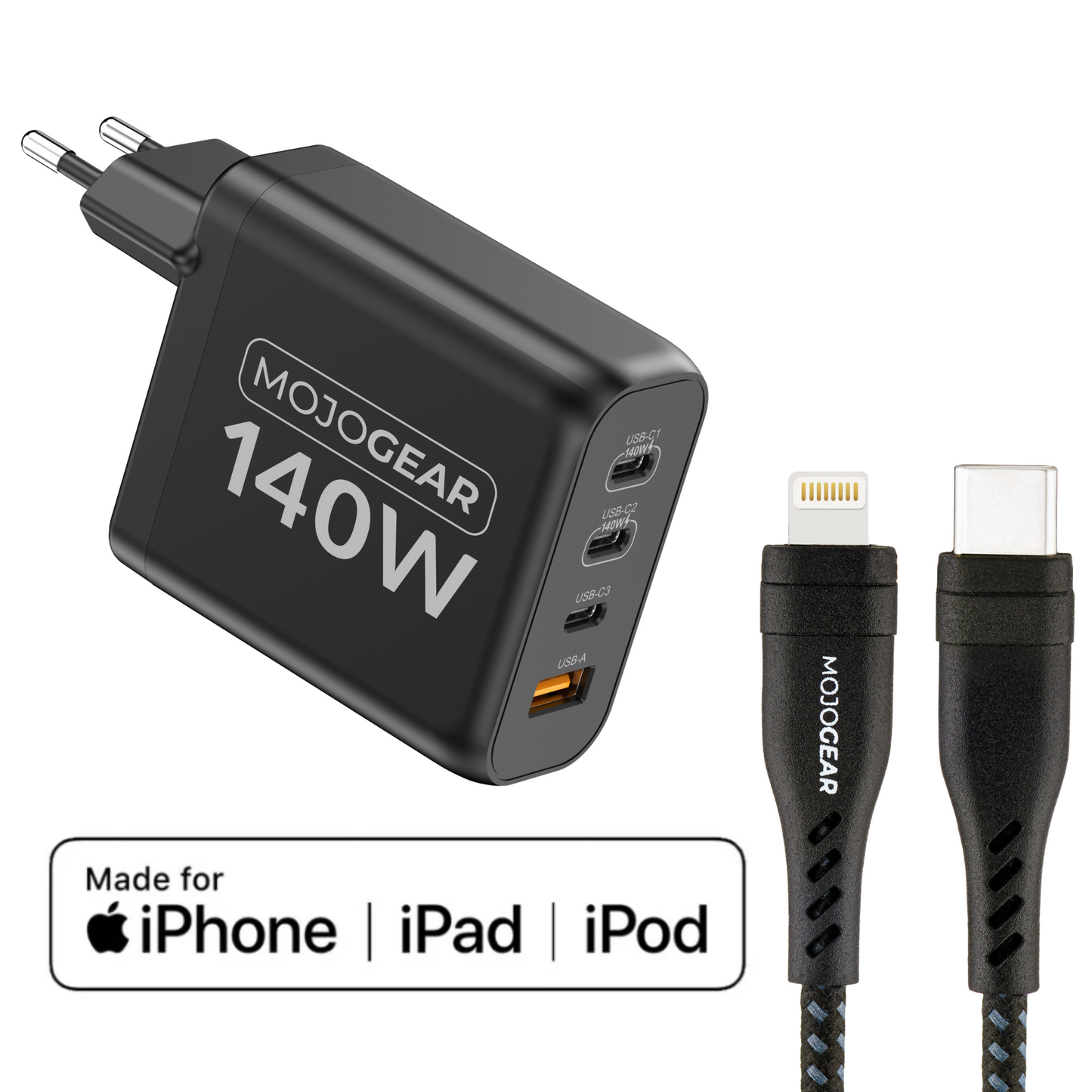 MOJOGEAR CHARGE+ 140 Watt oplader met USB-C naar Lightning kabel 1,5 meter