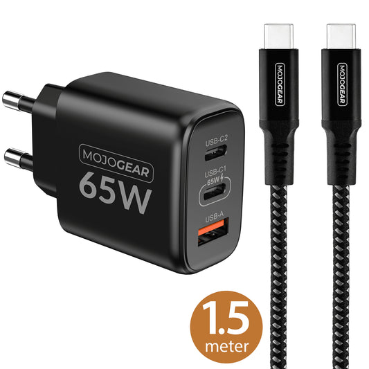 MOJOGEAR CHARGE+ Combo: 65W oplader met USB-C kabel 1,5 meter | Geschikt voor Samsung/iPhone 15/16 - Opladers