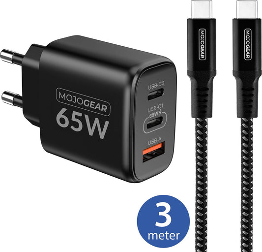 MOJOGEAR CHARGE+ 65W fast charger with USB-C to USB-C cable 3 meters