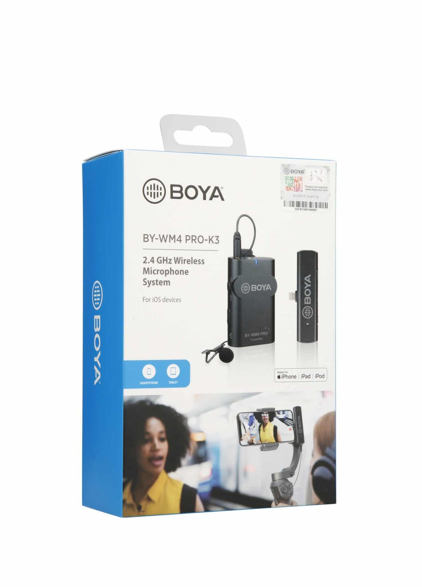 BOYA BY-WM4 Pro-K3 wireless microphone set with transmitter and Apple Lightning receiver for iPhone