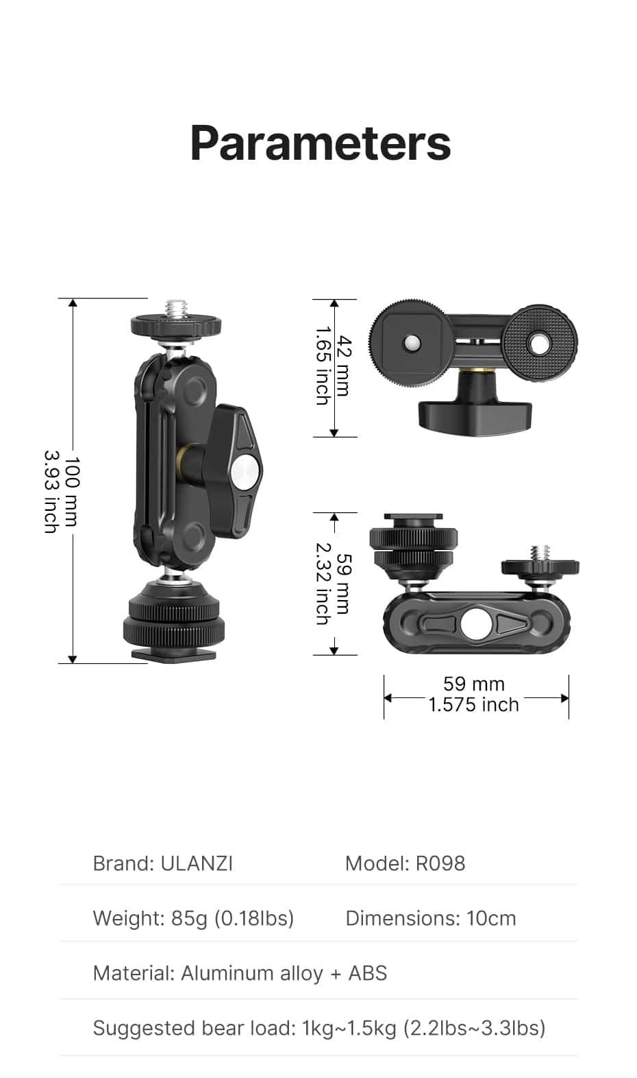 Ulanzi R098 Mini Magic Arm met Cold Shoe - Statiefaccessoires