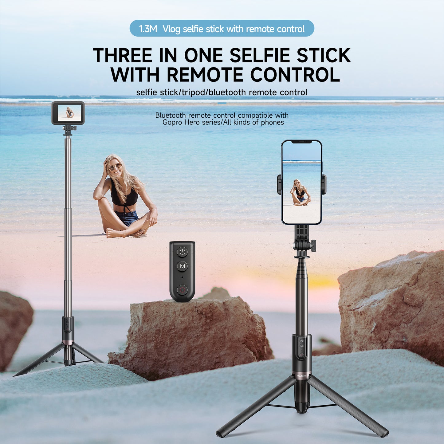 Telesin RCSS-003 Selfie Stick tripod 130 cm - with Bluetooth remote control