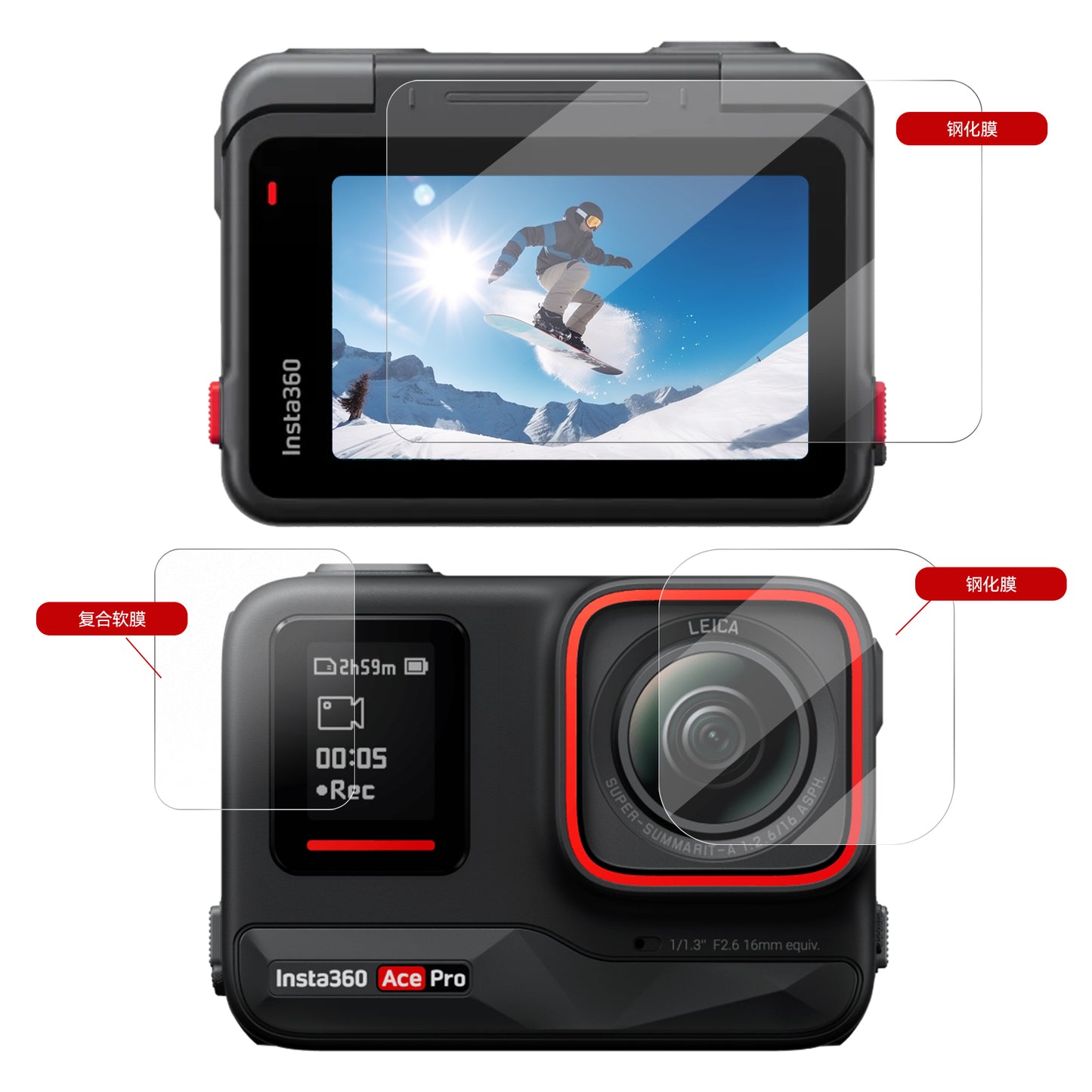 Telesin Screenprotector-set gehard glas Insta360 Ace Pro - GoPro Screenprotectors