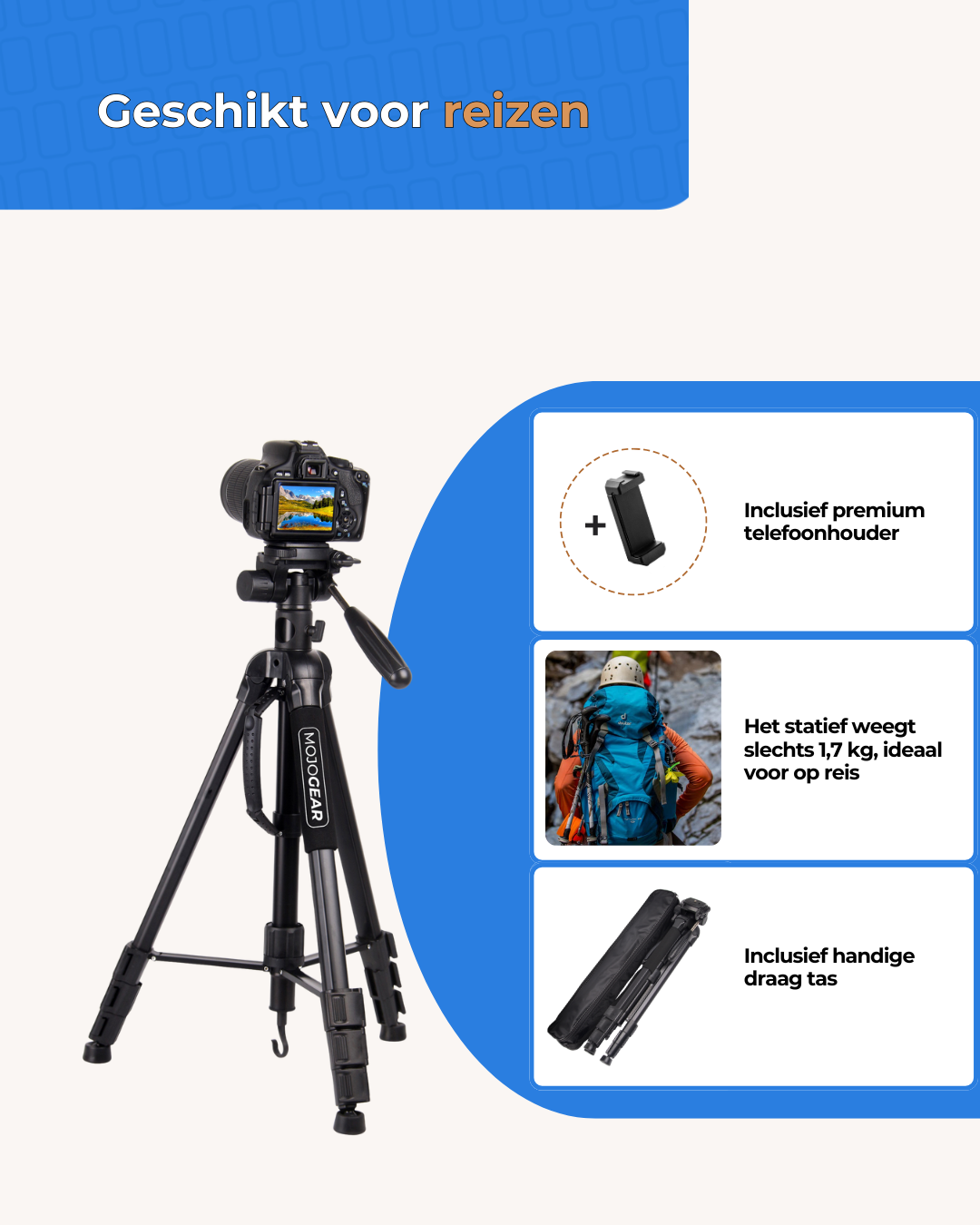 MOJOGEAR 179cm 3-in-1 statief: driepoot, monopod & horizontale arm - Grote statieven