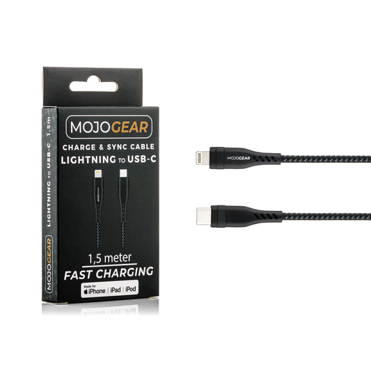 MOJOGEAR CHARGE+ 65W oplader voor iPhone & iPad met Lightning naar USB kabel 1,5 meter | iPhone snellader