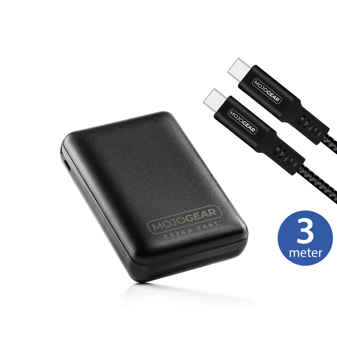 MOJOGEAR MINI EXTRA FAST 10.000 mAh powerbank met USB-C naar USB-C kabel 100W USB 3.1 Extra Sterk 3m - Powerbanks