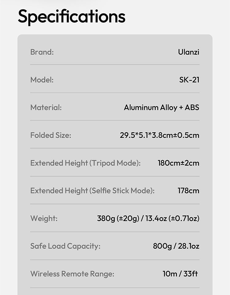 Ulanzi SK-21 Selfie Stick Statief 180cm Auto-Open Magnetisch - Statieven en toebehoren