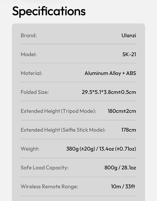 Ulanzi SK-21 Selfie Stick Statief 180cm Auto-Open Magnetisch - Statieven en toebehoren