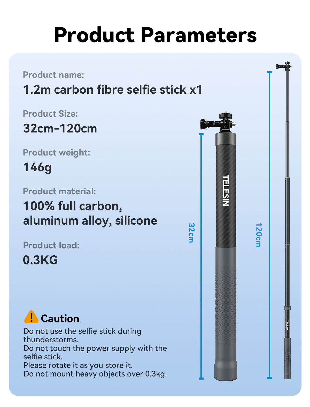 Telesin MNP-002 Selfie Stick 120 cm voor actioncamera en smartphone - Carbon - GoPro Selfie sticks