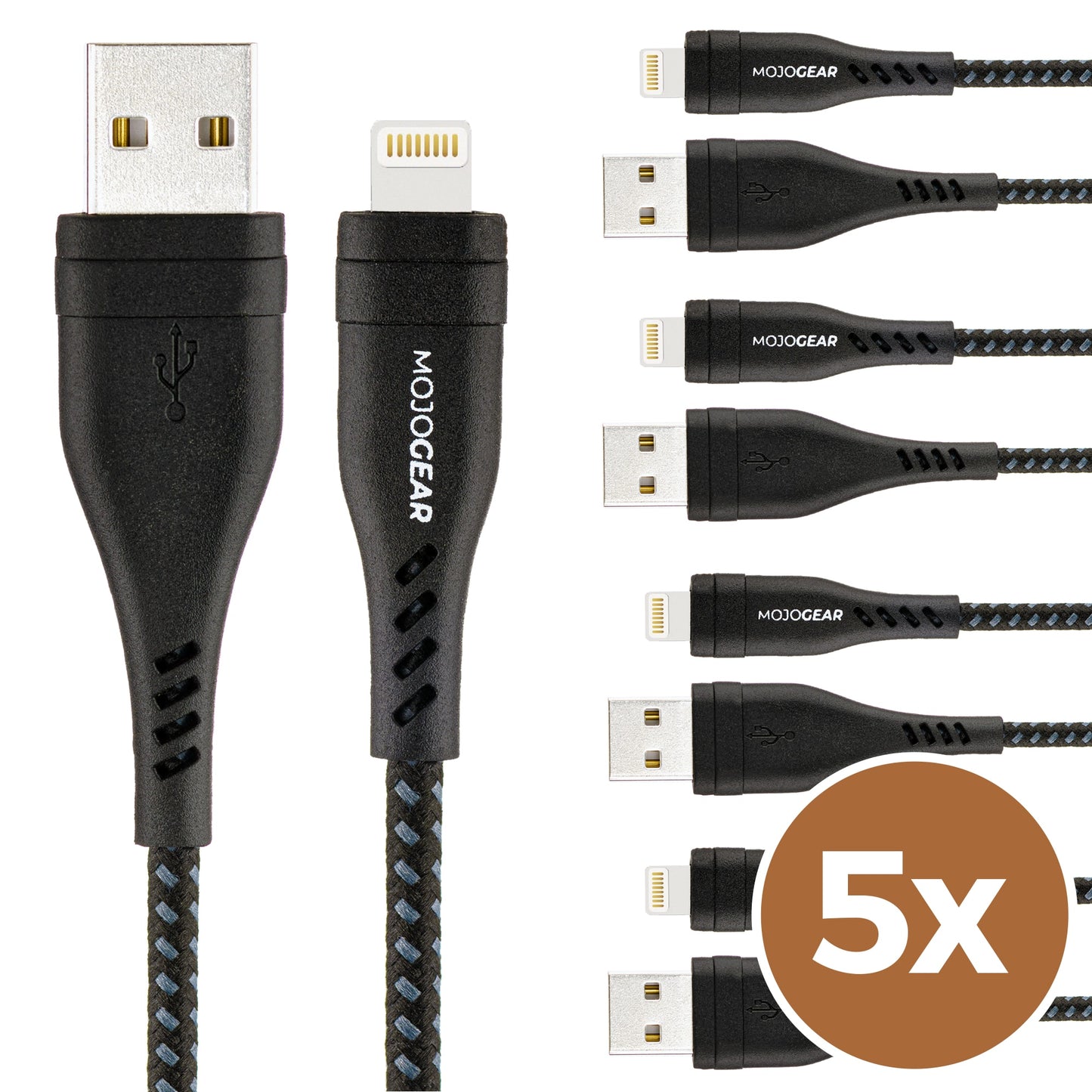 5x MOJOGEAR Apple Lightning naar USB kabel Extra Sterk [VOORDEELVERPAKKING] - Telefoonkabels